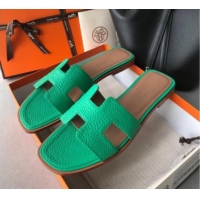 Luxury Cheap Hermes Oran H Flat Slipper Sandals in Togo Grainy Calfskin 040384 Green 2021