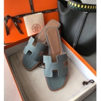 Luxurious Hermes Oran H Flat Slipper Sandals in Togo Grainy Calfskin 040384 Blue-Grey 2021