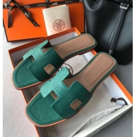 Popular Style Hermes Oran H Flat Slipper Sandals in Togo Grainy Calfskin 040384 Green 2021