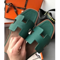 Popular Style Hermes Oran H Flat Slipper Sandals in Togo Grainy Calfskin 040384 Green 2021