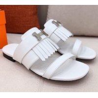 New Design Hermes Coralia Fringe Flat Sandals 040961 White 2021