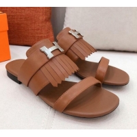 New Style Hermes Coralia Fringe Flat Sandals 040961 Brown 2021