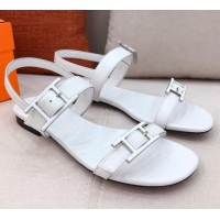 Fashion Hermes Cristal H Buckle Flat Sandals 040964 White