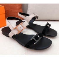 Well Crafted Hermes Cristal H Buckle Flat Sandals 040964 Grey/Black