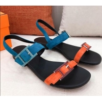 Good Quality Hermes Cristal Suede Flat Sandals 040966 Orange/Blue 2021