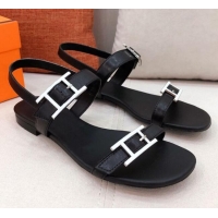 Well Crafted Hermes Cristal H Buckle Flat Sandals 040966 Black 2021