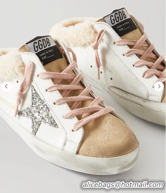 Top Quality Golden Goose Sabot Glittered Distressed Leather With Suede And Shearling Slip-on Sneakers G0367