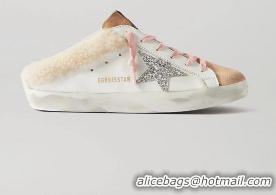 Top Quality Golden Goose Sabot Glittered Distressed Leather With Suede And Shearling Slip-on Sneakers G0367