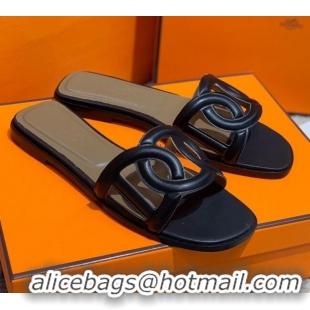 Unique Ladies  Hermes Aloha Calfskin Flat Slide Sandal 042918 Black 2021