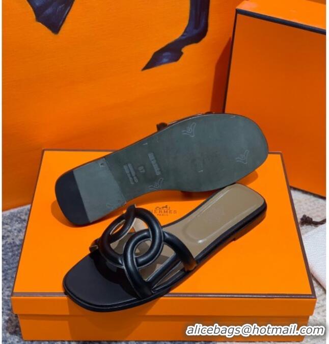 Unique Ladies  Hermes Aloha Calfskin Flat Slide Sandal 042918 Black 2021