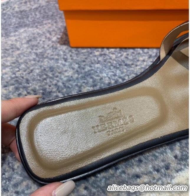 Unique Ladies  Hermes Aloha Calfskin Flat Slide Sandal 042918 Black 2021