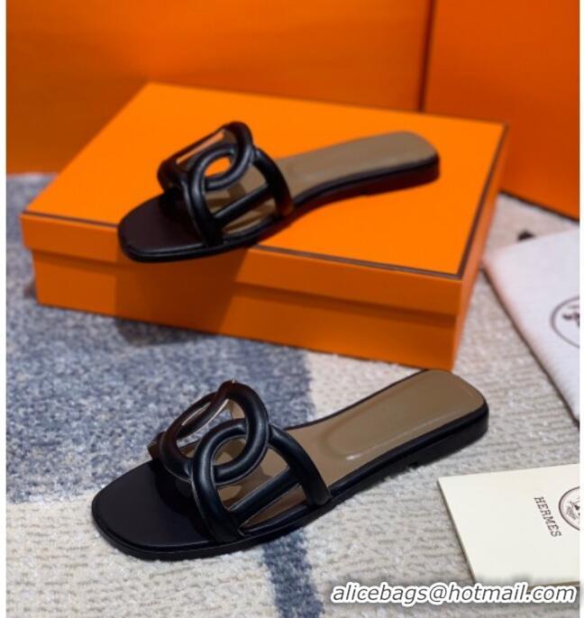 Unique Ladies  Hermes Aloha Calfskin Flat Slide Sandal 042918 Black 2021