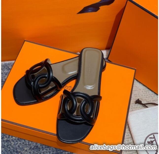 Unique Ladies  Hermes Aloha Calfskin Flat Slide Sandal 042918 Black 2021