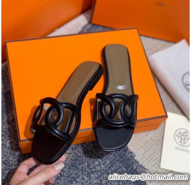 Unique Ladies  Hermes Aloha Calfskin Flat Slide Sandal 042918 Black 2021