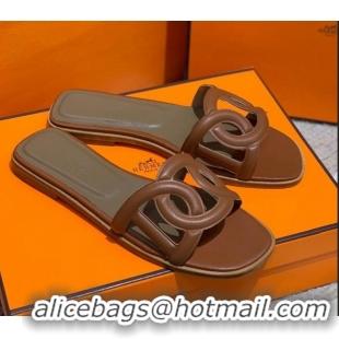 Top Quality Hermes Aloha Calfskin Flat Slide Sandal 042918 Brown 2021