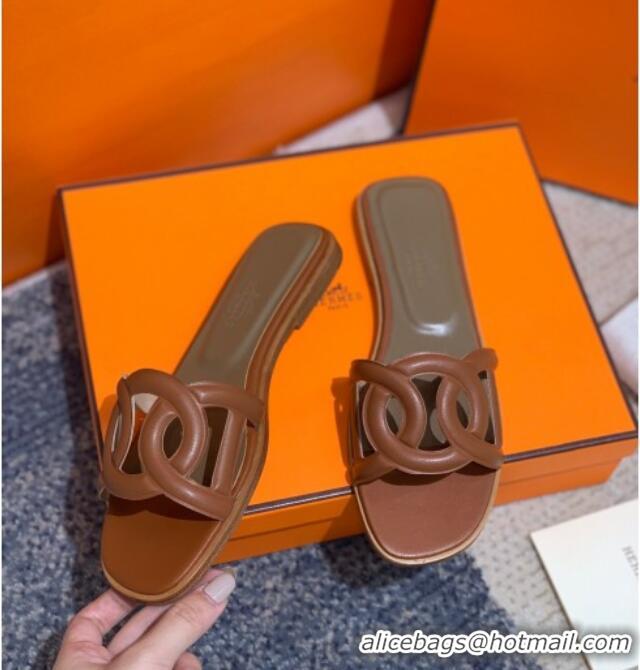 Top Quality Hermes Aloha Calfskin Flat Slide Sandal 042918 Brown 2021