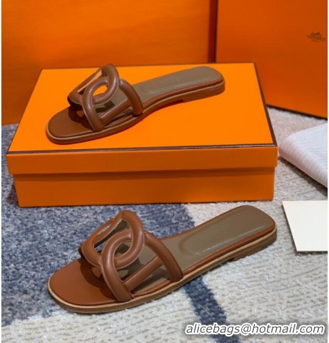 Top Quality Hermes Aloha Calfskin Flat Slide Sandal 042918 Brown 2021