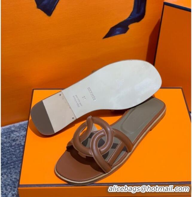 Top Quality Hermes Aloha Calfskin Flat Slide Sandal 042918 Brown 2021