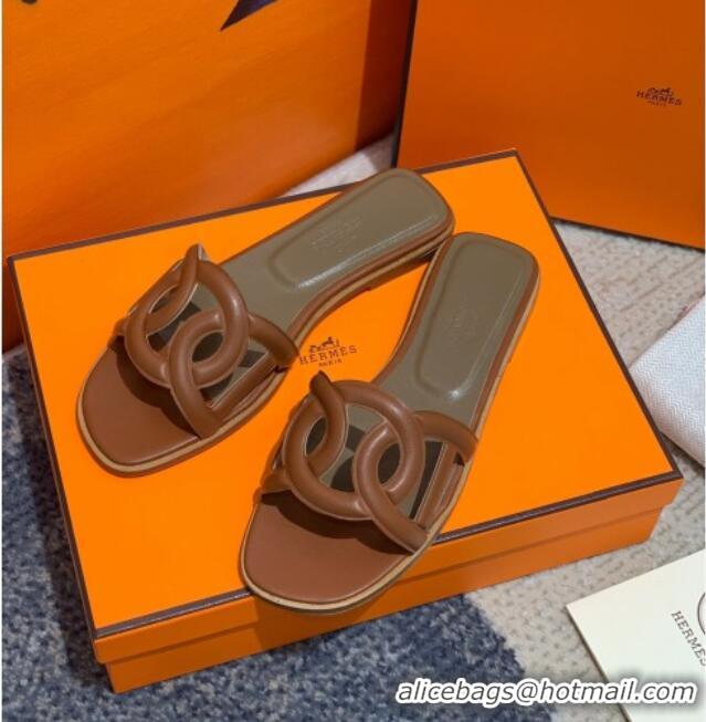 Top Quality Hermes Aloha Calfskin Flat Slide Sandal 042918 Brown 2021