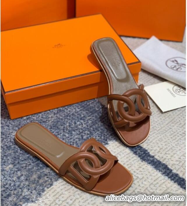 Top Quality Hermes Aloha Calfskin Flat Slide Sandal 042918 Brown 2021