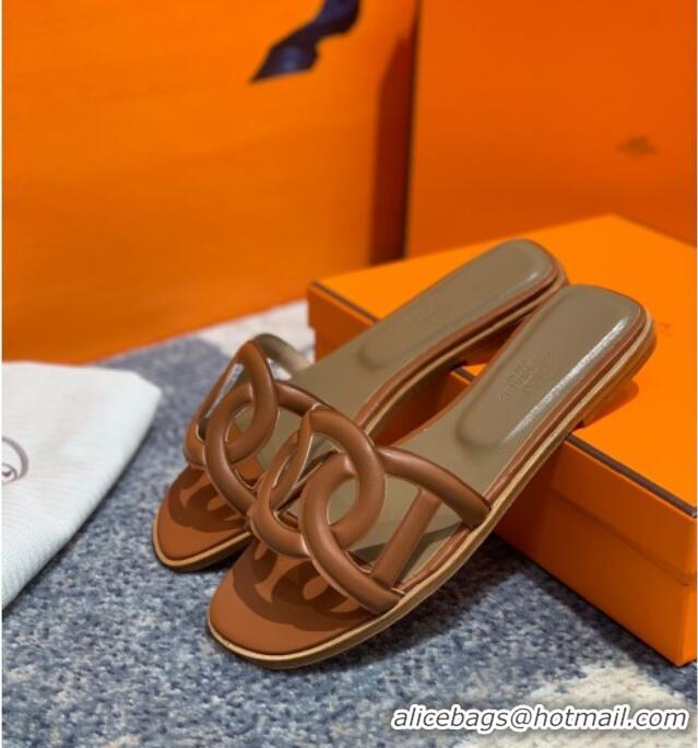 Top Quality Hermes Aloha Calfskin Flat Slide Sandal 042918 Brown 2021