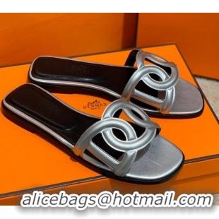 Good Product Hermes Aloha Calfskin Flat Slide Sandal 042918 Silver 2021