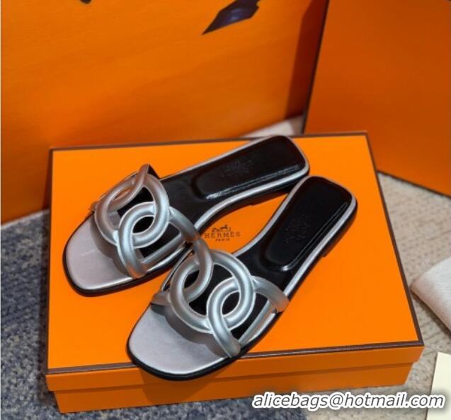 Good Product Hermes Aloha Calfskin Flat Slide Sandal 042918 Silver 2021