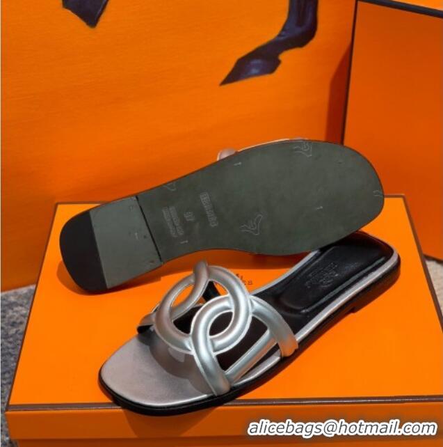 Good Product Hermes Aloha Calfskin Flat Slide Sandal 042918 Silver 2021