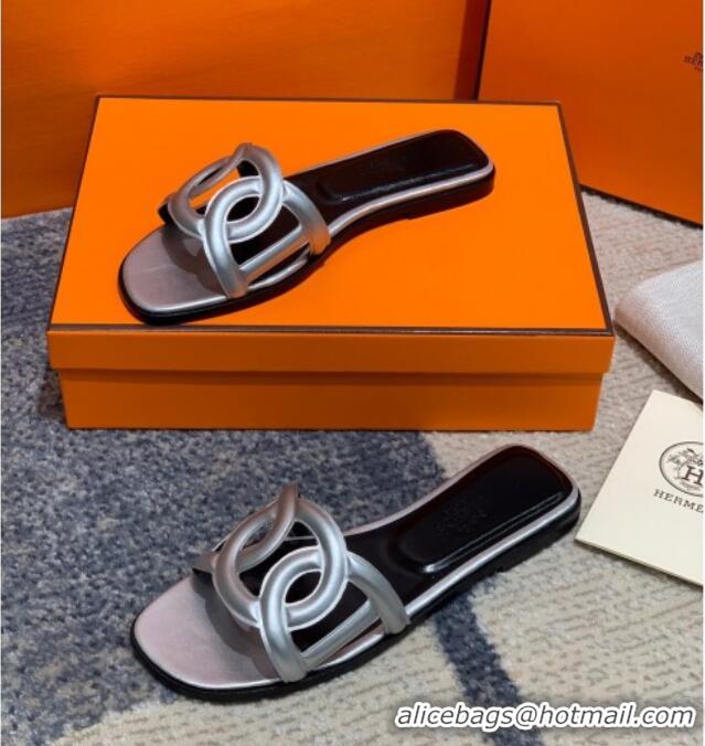 Good Product Hermes Aloha Calfskin Flat Slide Sandal 042918 Silver 2021