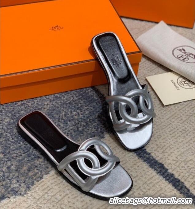 Good Product Hermes Aloha Calfskin Flat Slide Sandal 042918 Silver 2021