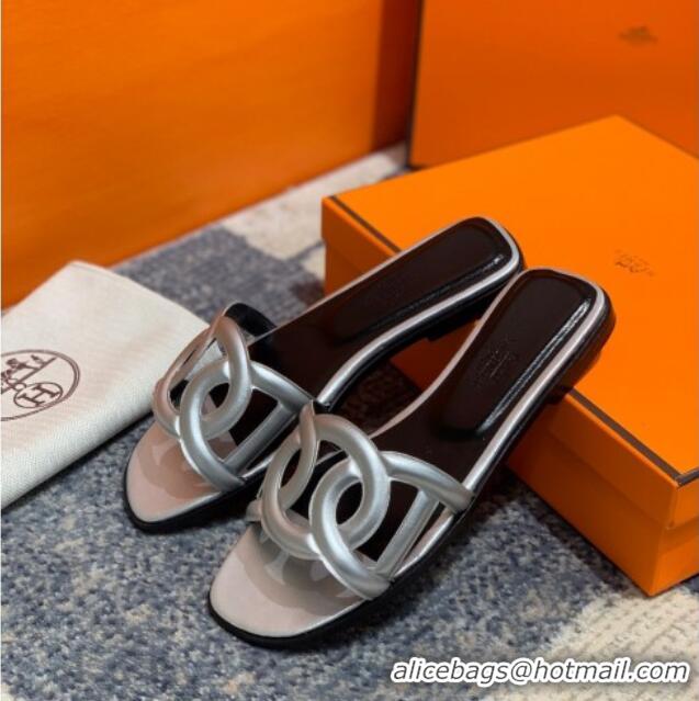 Good Product Hermes Aloha Calfskin Flat Slide Sandal 042918 Silver 2021