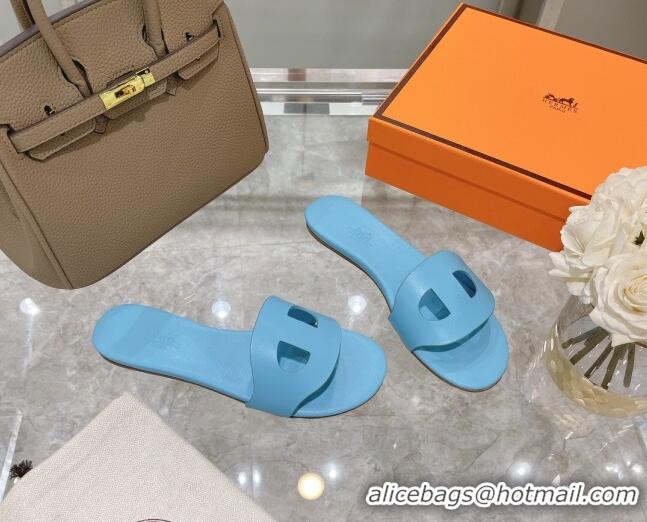 Stylish Hermes Roulis Calfskin Flat Slide Sandal 042922 All Blue 2021