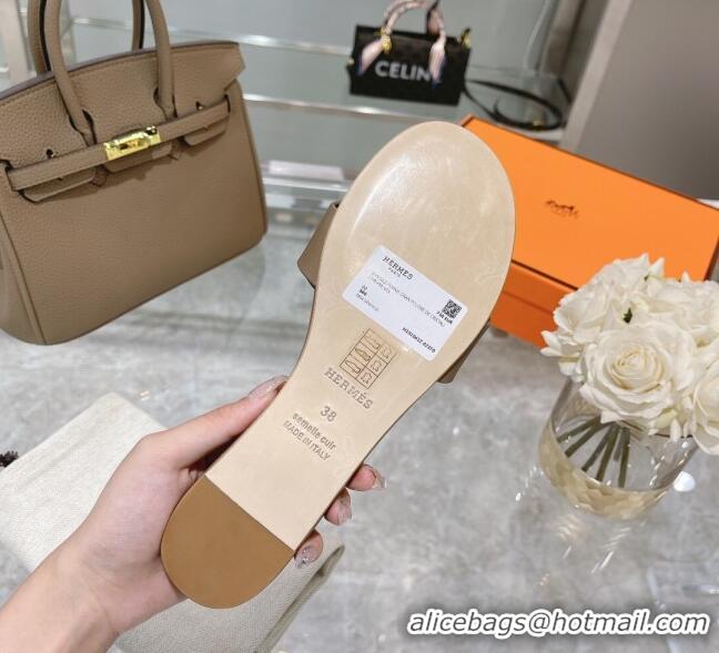 Charming Hermes Roulis Calfskin Flat Slide Sandal 042922 Light Brown 2021