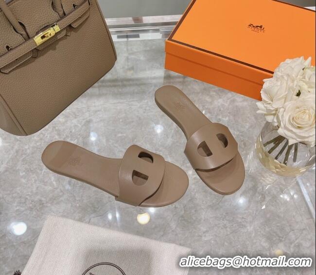 Charming Hermes Roulis Calfskin Flat Slide Sandal 042922 Light Brown 2021