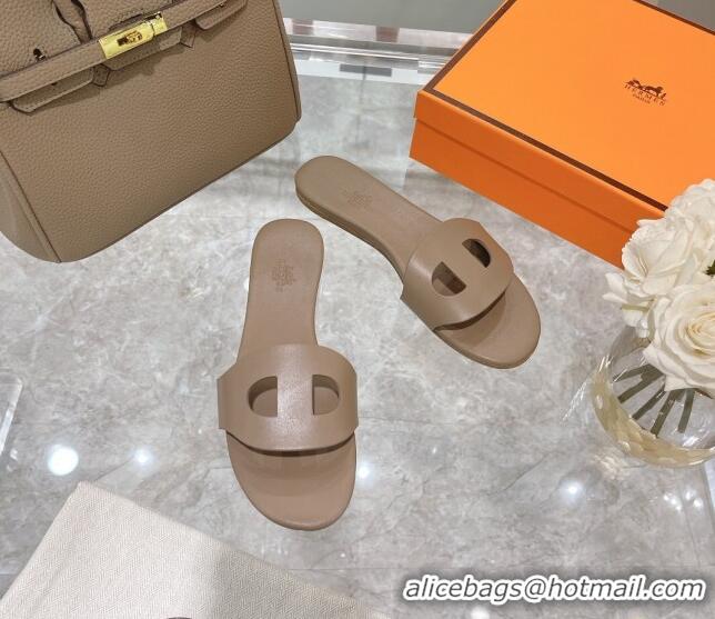 Charming Hermes Roulis Calfskin Flat Slide Sandal 042922 Light Brown 2021