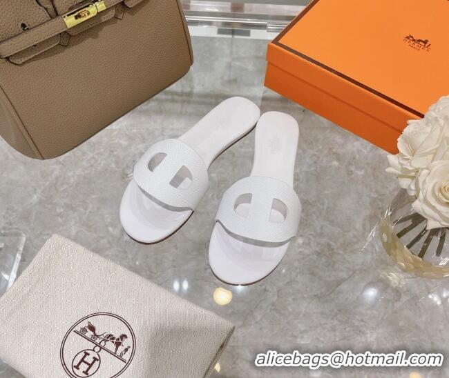 Good Quality Hermes Roulis Grained Calfskin Flat Slide Sandals 042929 White