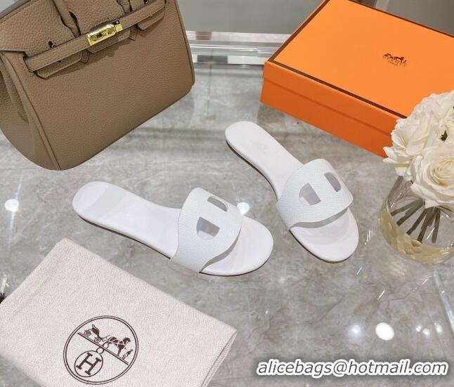 Good Quality Hermes Roulis Grained Calfskin Flat Slide Sandals 042929 White