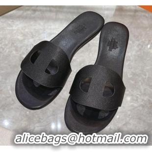 Top Design Hermes Roulis Grained Calfskin Flat Slide Sandals 042929 Black