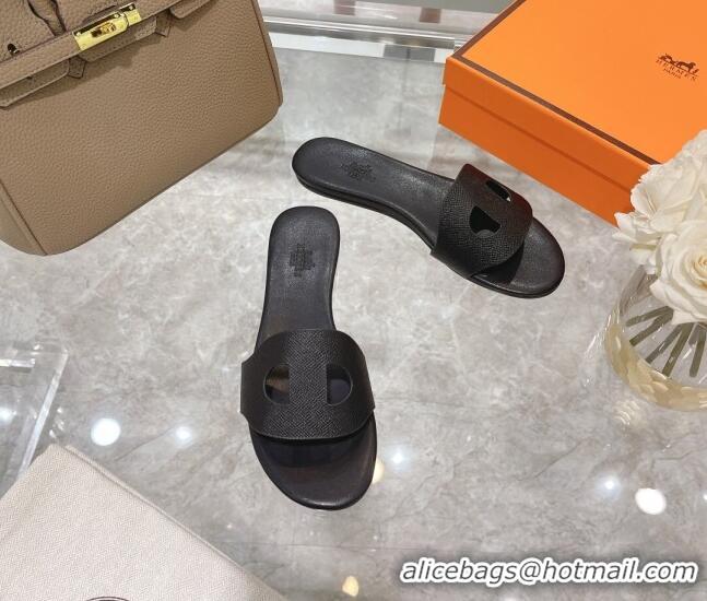 Top Design Hermes Roulis Grained Calfskin Flat Slide Sandals 042929 Black