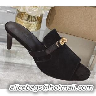 Good Quality Hermes Candy Suede Kelly Buckle Sandals Black 042932