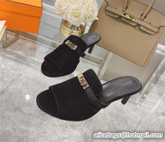 Good Quality Hermes Candy Suede Kelly Buckle Sandals Black 042932