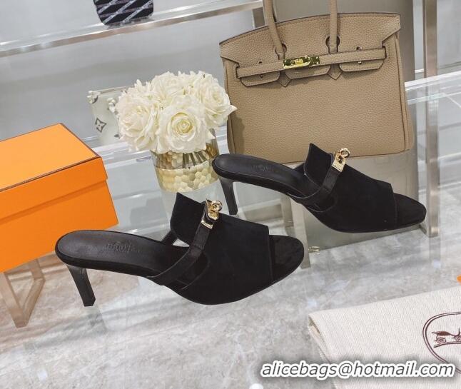 Good Quality Hermes Candy Suede Kelly Buckle Sandals Black 042932