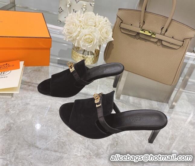 Good Quality Hermes Candy Suede Kelly Buckle Sandals Black 042932