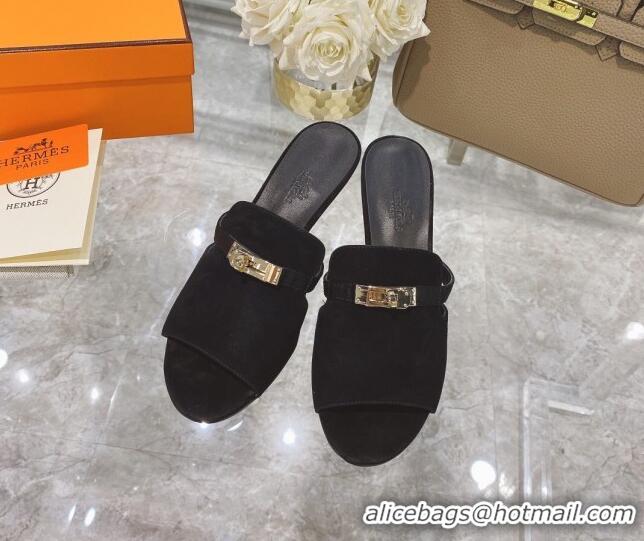 Good Quality Hermes Candy Suede Kelly Buckle Sandals Black 042932