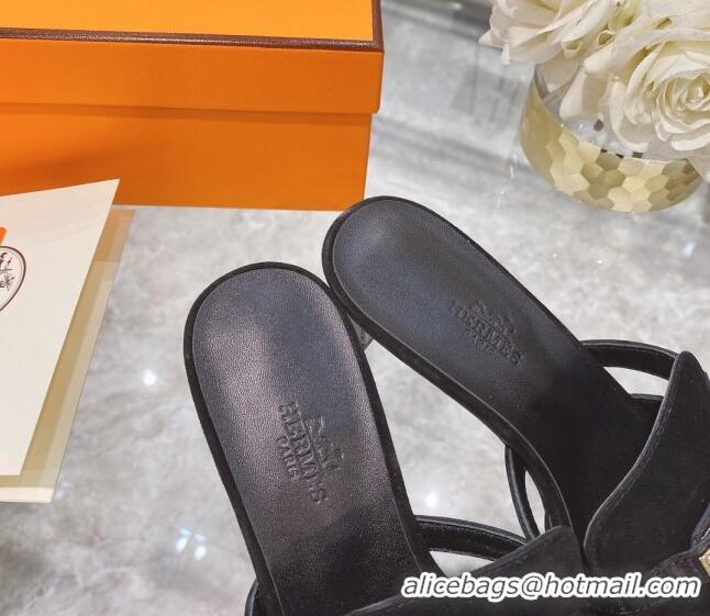 Good Quality Hermes Candy Suede Kelly Buckle Sandals Black 042932