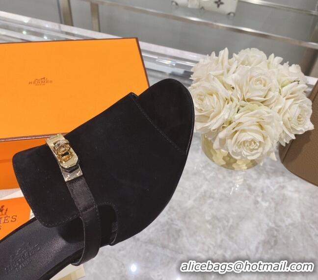 Good Quality Hermes Candy Suede Kelly Buckle Sandals Black 042932