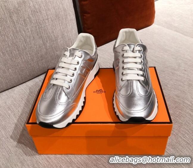 Luxury Cheap Hermes Trail Calfskin Sneakers 051084 Silver 2021