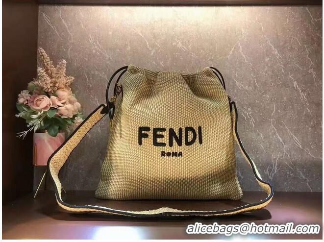 Women Classic FENDI PACK SMALL POUCH Braided straw Large-bag F1529 Brown