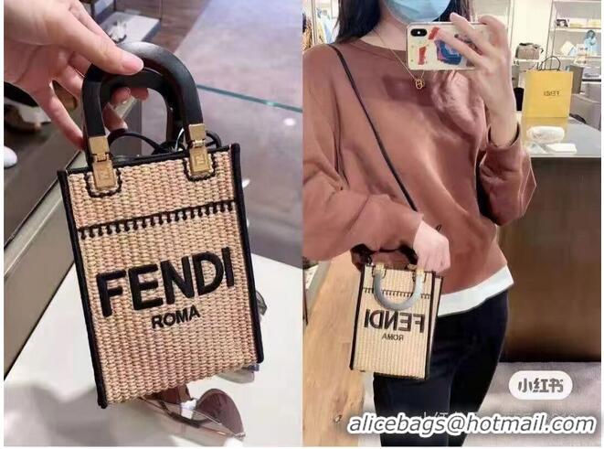 Promotional FENDI SUNSHINE SHOPPER Braided straw medium-bag F1620 Apricot