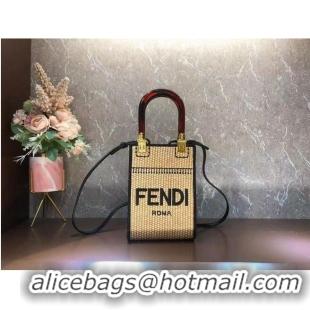 Cheap Design FENDI MINI SUNSHINE SHOPPER Braided straw mini-bag 8BS051 Apricot